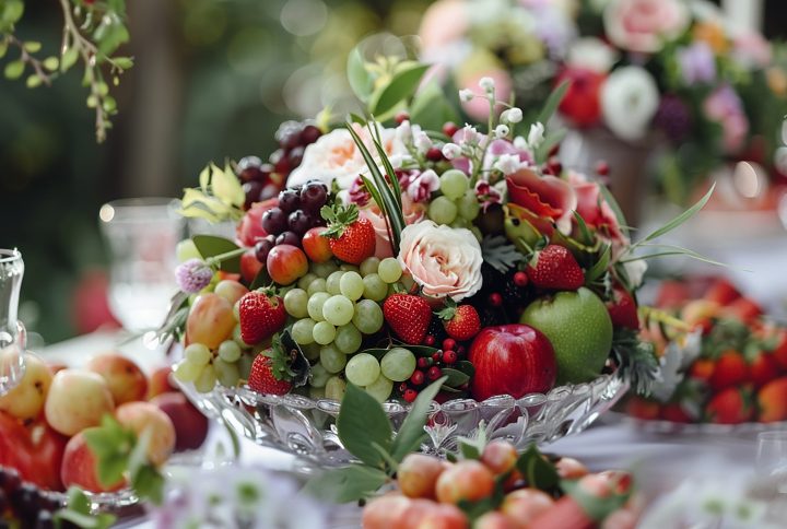 centros de mesa con frutas y flores