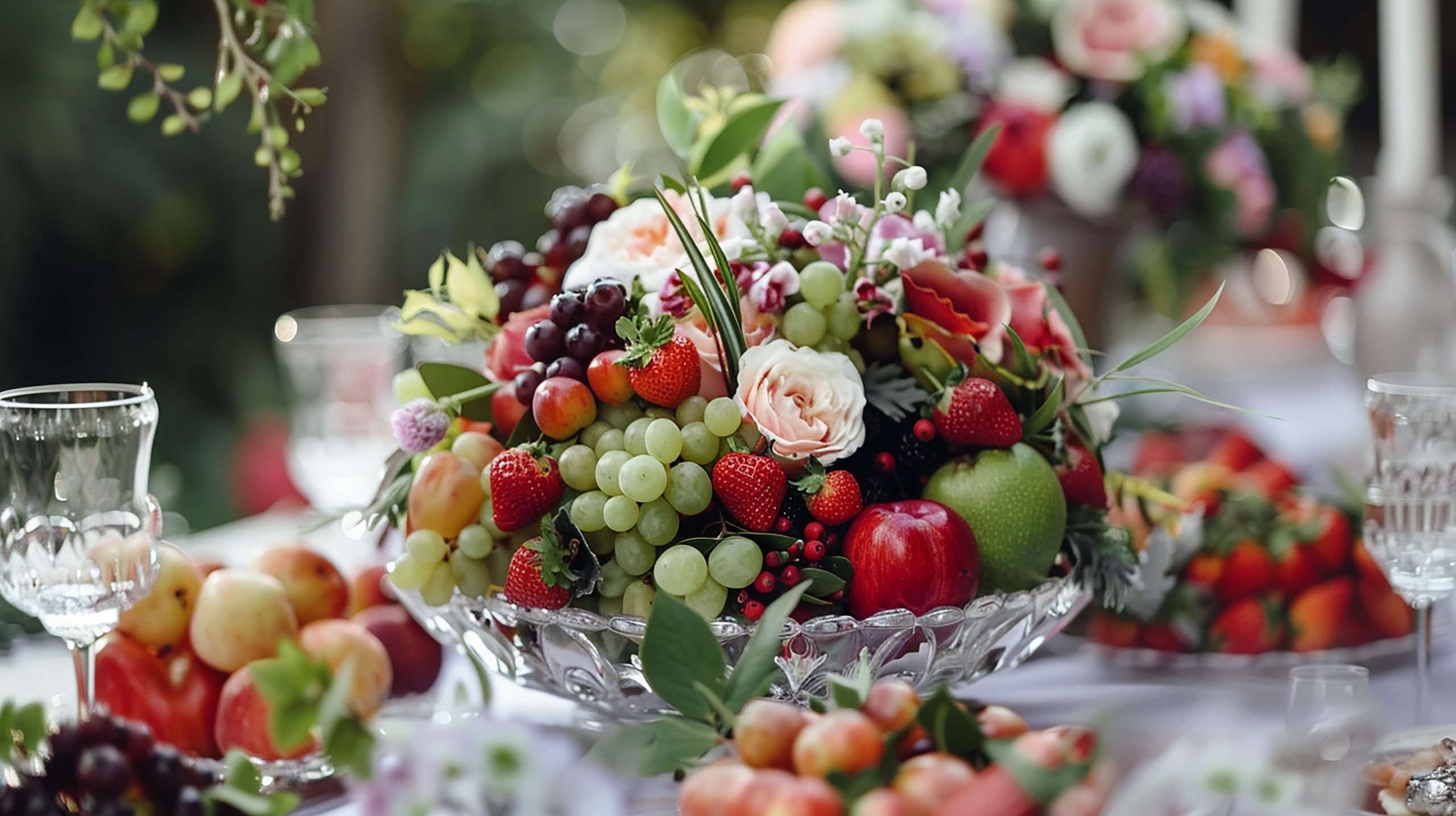 centros de mesa con frutas y flores