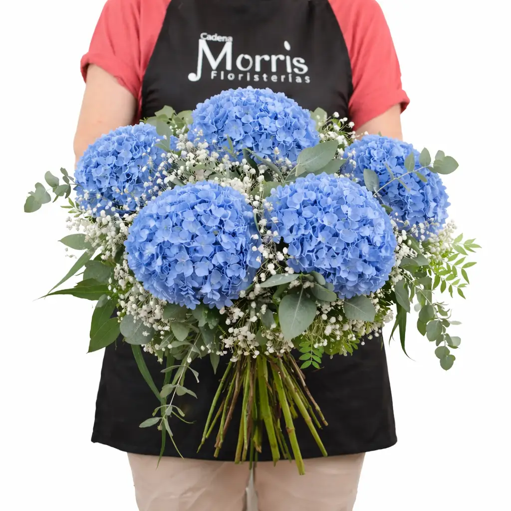 Ramo de hortensias azules con paniculata y verdes eucalipto 3 Ramo de hortensias azules con paniculata y verdes eucalipto 3